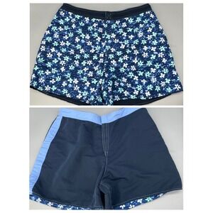 Vtg Reversible Floral Board Shorts Wms M/L Blue Striped Swim Trunks Tropical Y2K